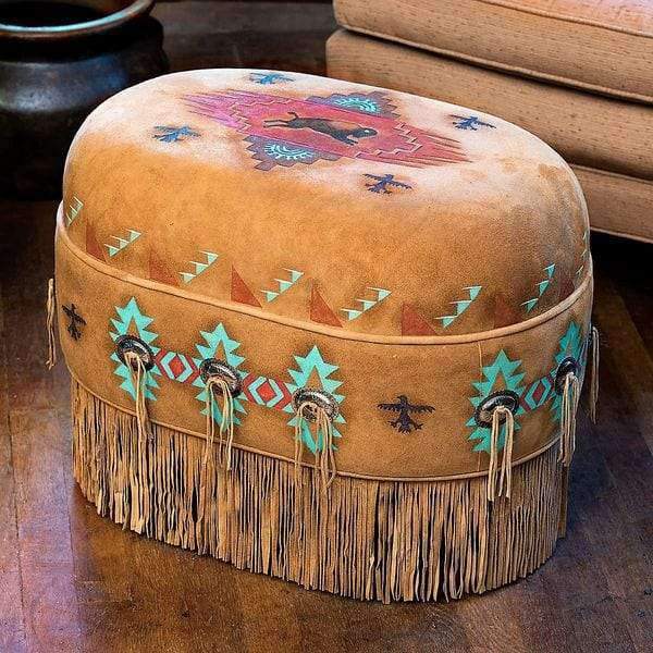 Suede deer hide leather custom made ottoman. Native Americna motif hand paintings. Oval. Made in the USA. Your Western Decor