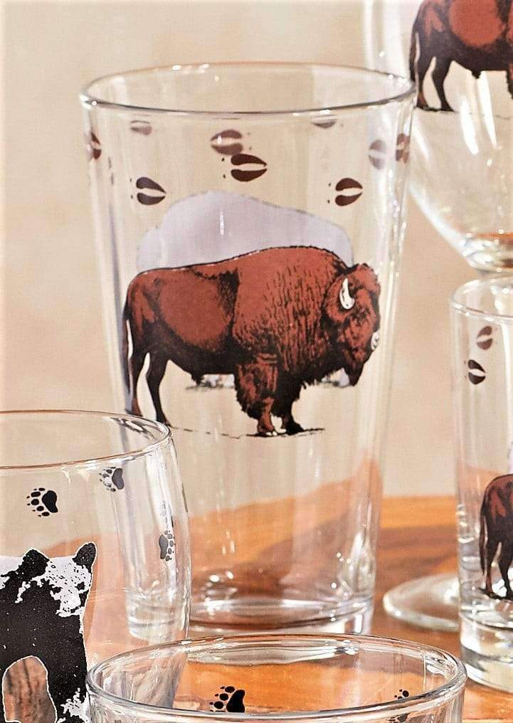Pint glasses with buffalo and buffalo track images. Made in the USA. Your Western Decor
