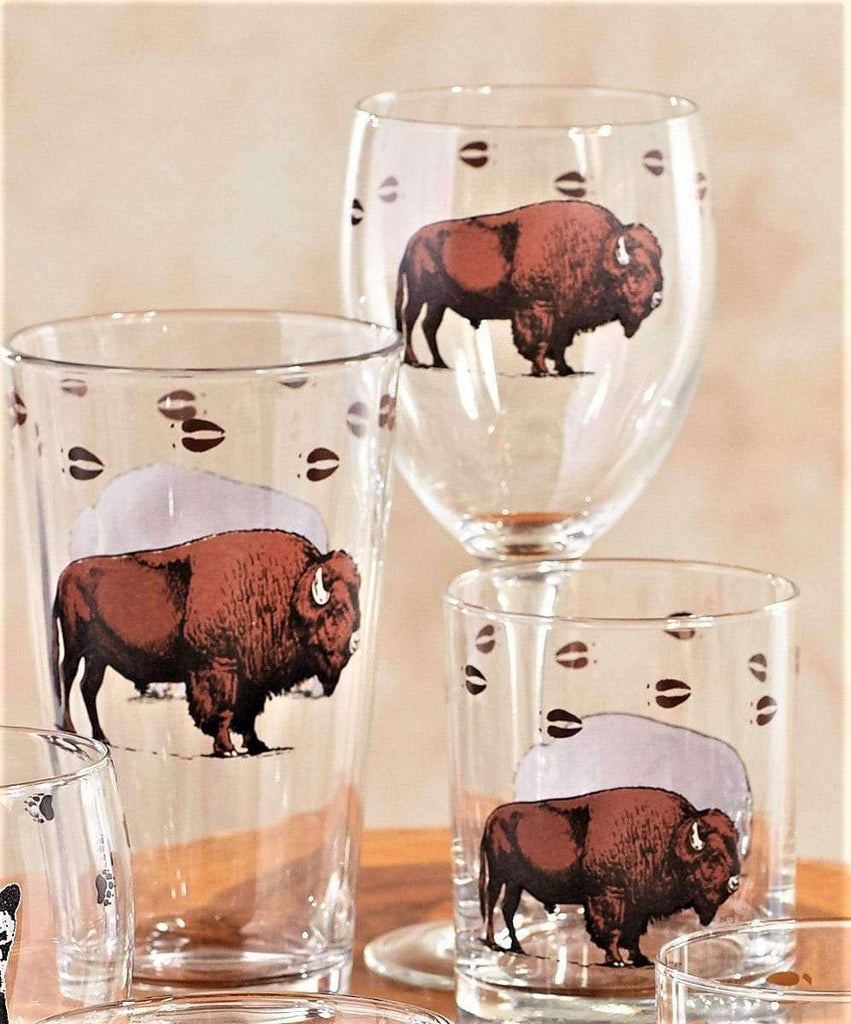 Glassware with printed buffalo and buffalo tracks. Made in the USA. Your Western Decor