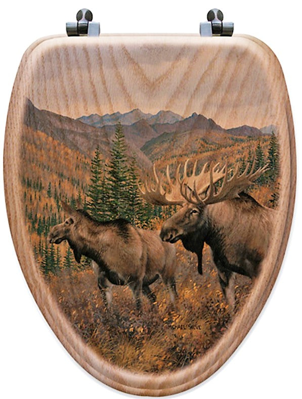 Bull and Cow Moose Oak Elongated Toilet Seat - Your Western Decor