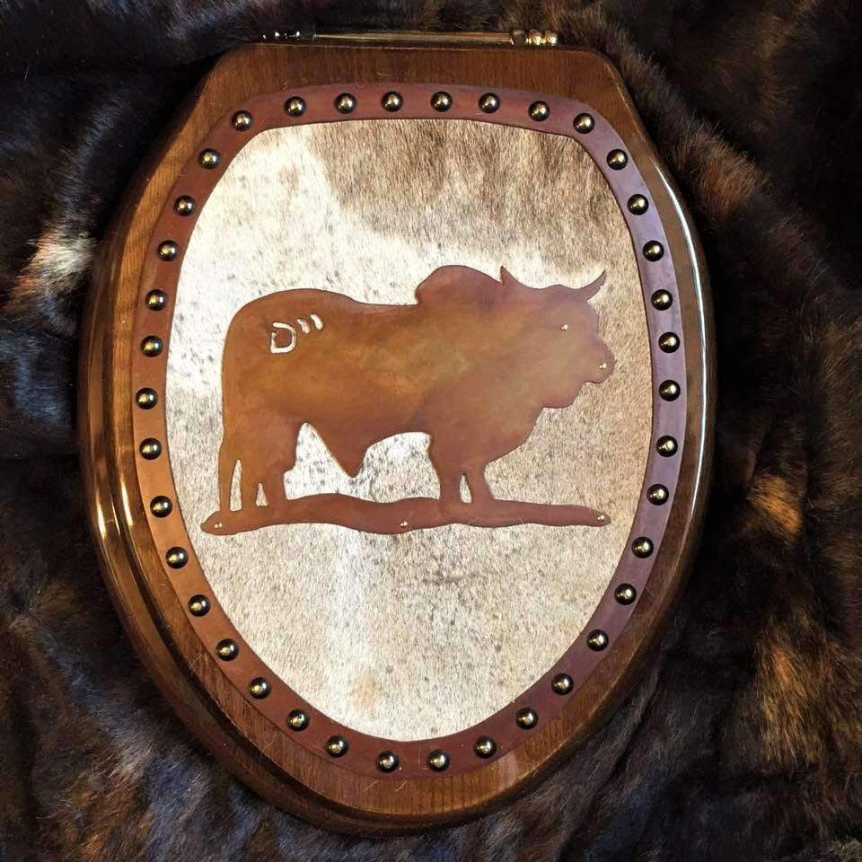 Branded bull western toilet seat with metal and cowhide - handmade to order in the USA - Your Western Decor