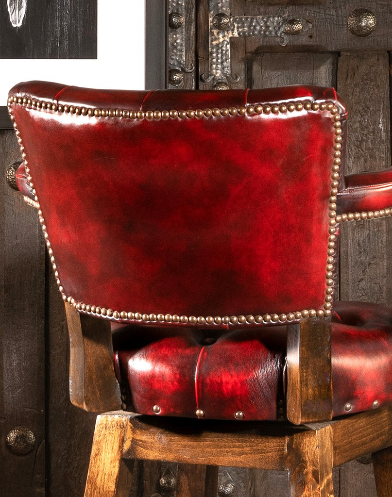 Burnished Red Leather Western Barstool seat back - made in the USA - Your Western Decor