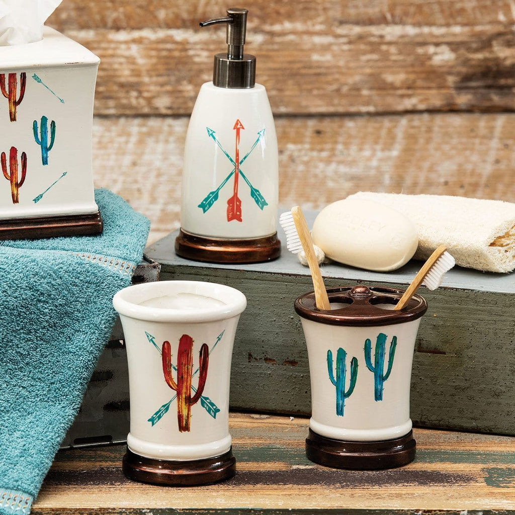 Colorful cactus print over white bath accessories set. Your Western Decor.