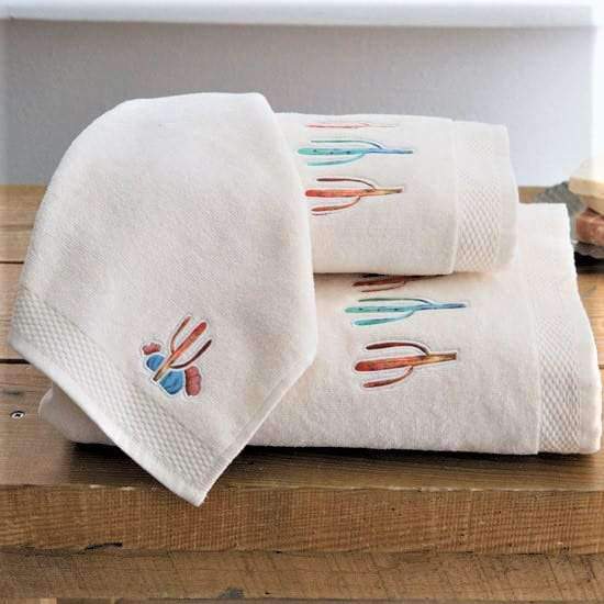 Colorful cactus embroidered over cream cotton bathroom towels. 3 pc set. Your Western Decor