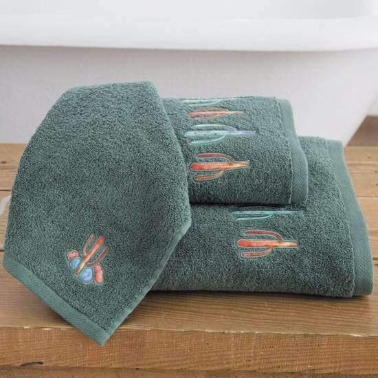 Colorful cactus embroidered over soft turquoise cotton bathroom towels. 3 pc set. Your Western Decor