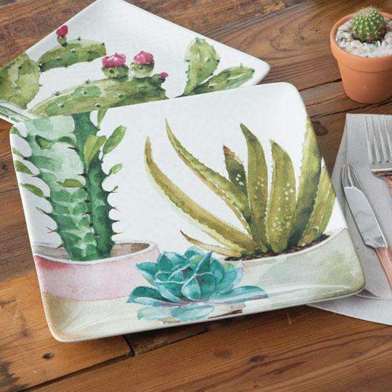 Cactus and succulent painted square dinner plates set of 4. Your Western Decor, LLC