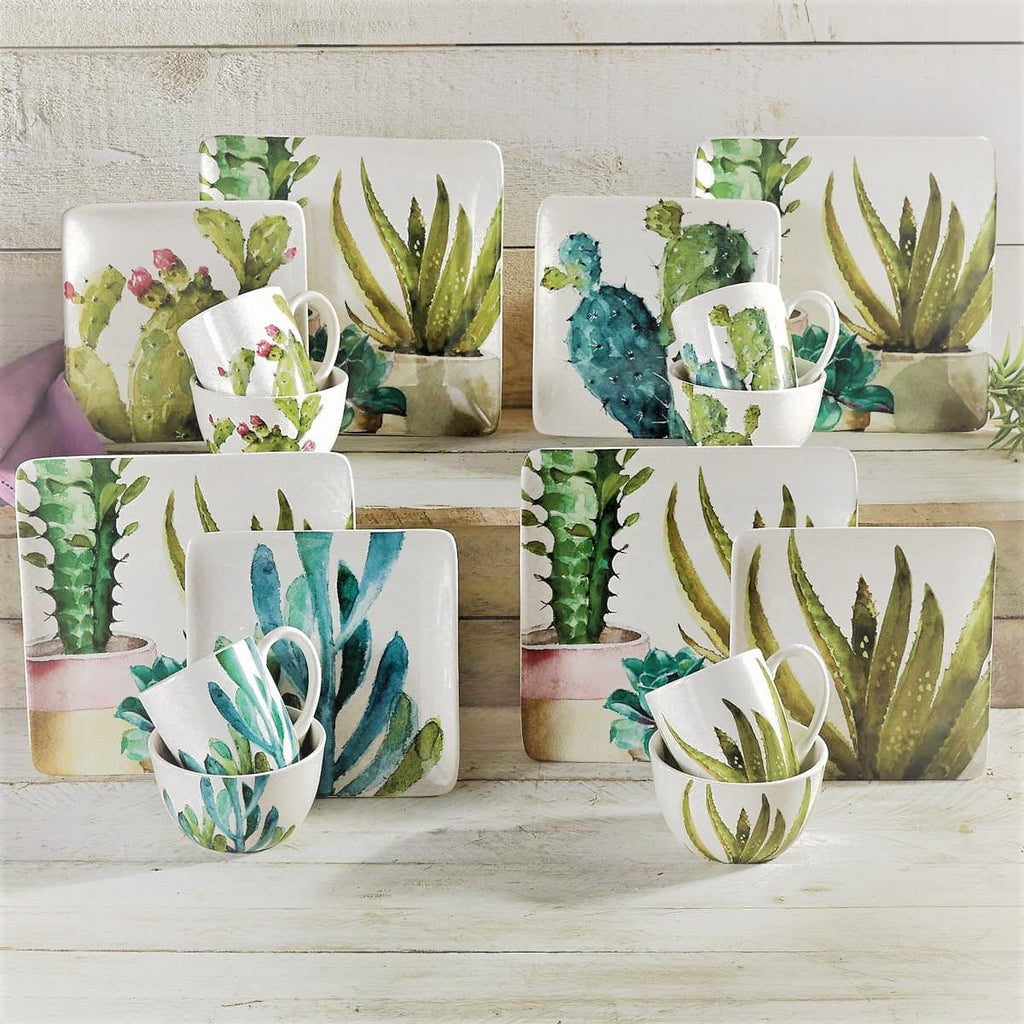 Succulent and cactus hand painted dinnerware set of 16. Your Western Decor, LLC