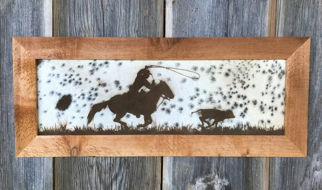 Laser Engraved Cowhide Art - Calf Roping - Made in the USA - Your Western Decor