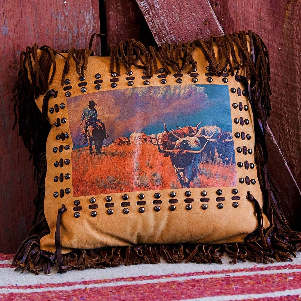Longhorn Cattle Drive Leather Pillow - Made in the USA - Your Western Decor