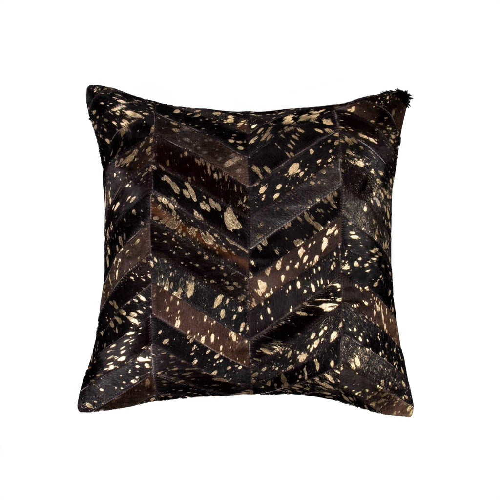 Chocolate and gold chevron patchwork cowhide throw pillow. Your Western Decor