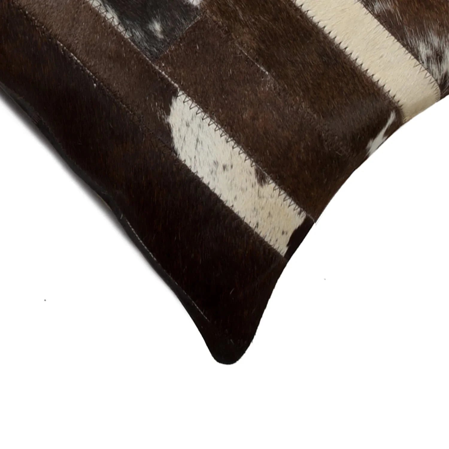 Various hocolate and white stip cowhide accent pillow corner detail. Your Western Decor