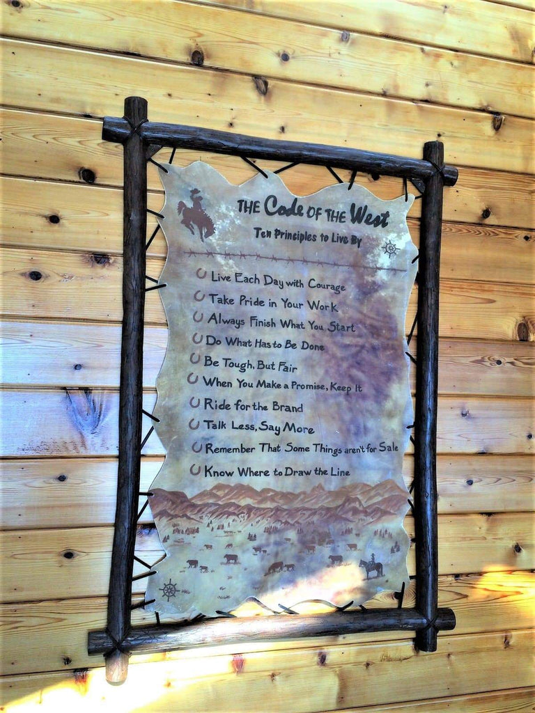 Custom made iron and rawhide "code of the west" rustic handmade wall sign - Made in the USA - Your Western Decor