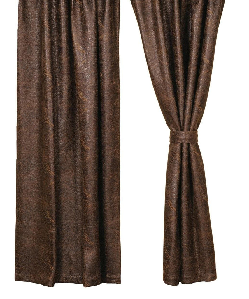 Colt coffee distressed faux leather curtain panels. Rod pocket top. Made in the USA. Your Western Decor.