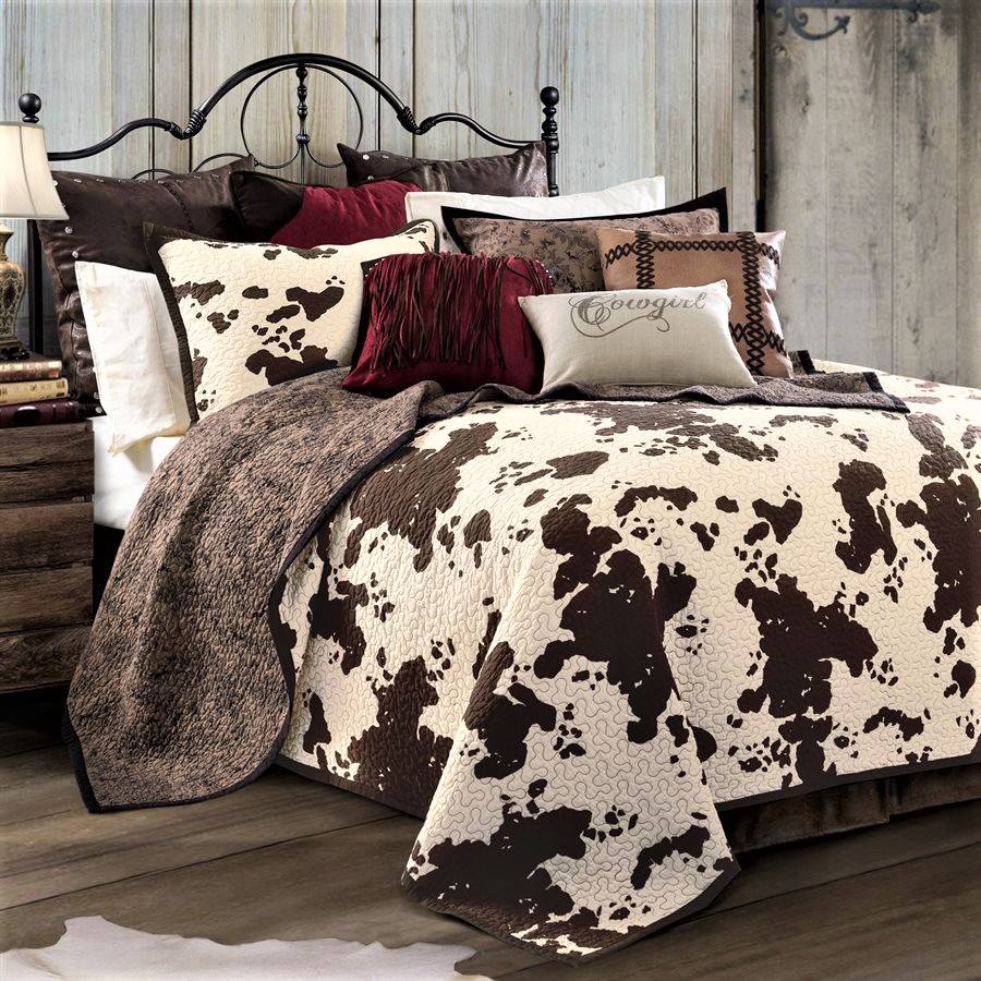 Reversible Cow Print Quilt Set and throw pillows - Your Western Decor