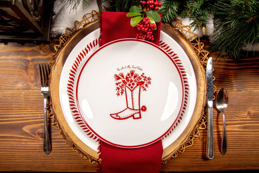 Red and White Santa's Longhorn Sleigh Plate Set - Your Western Decor