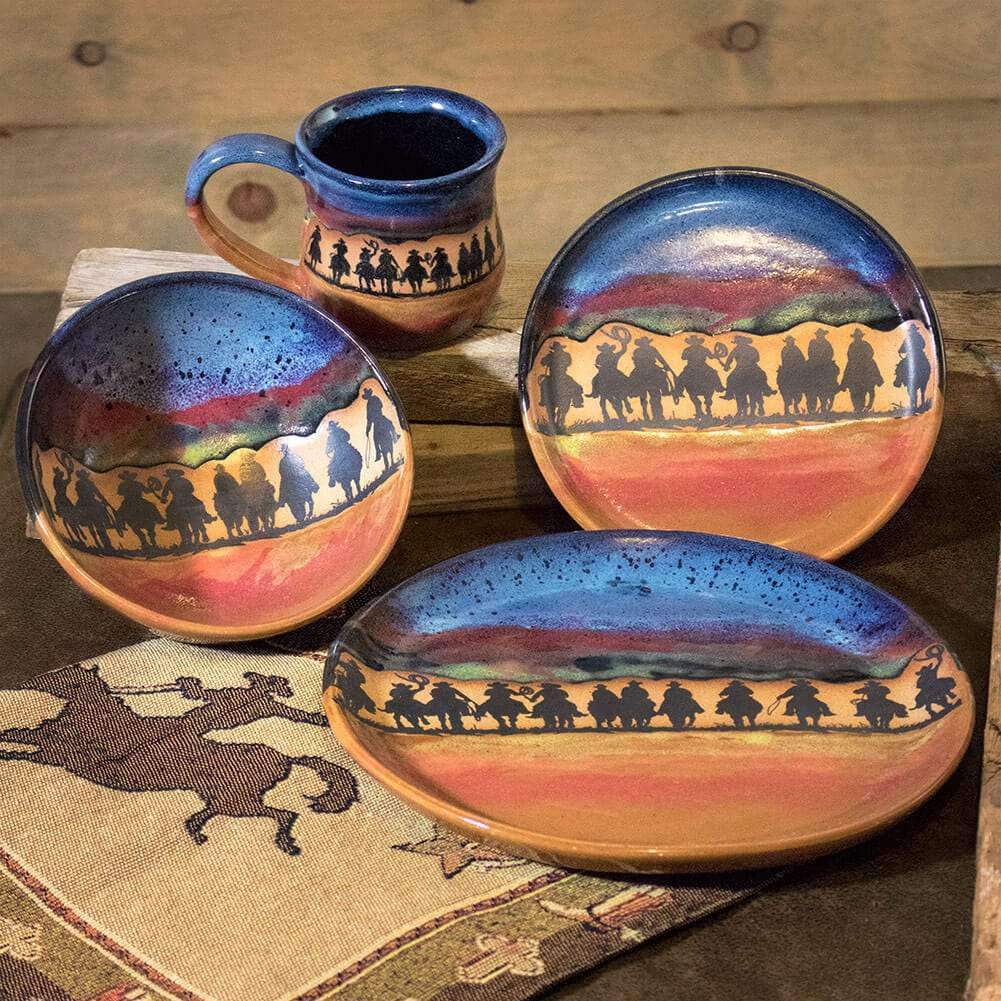 Cowboy Posse handmade pottery, western dinnerware set. 