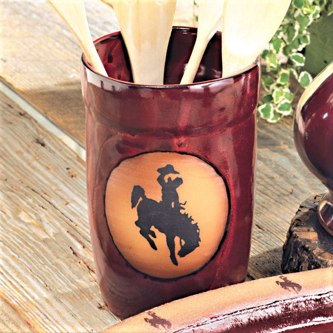 Western Bronc Utensil Crock in Red - USA handmade pottery - Your Western Decor