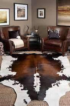genuine cowhide rug with dark brown and white markings, western home