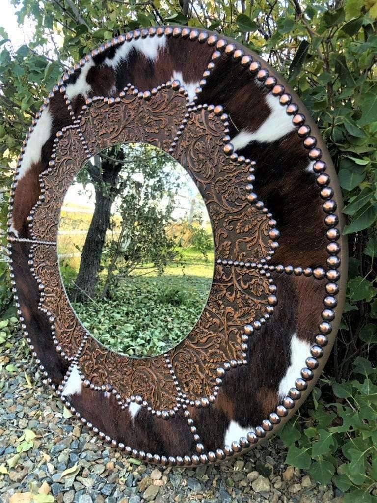 Tri color cowhide and floral embossed leather western wall clock. Hand made in the USA. Your Western Decor