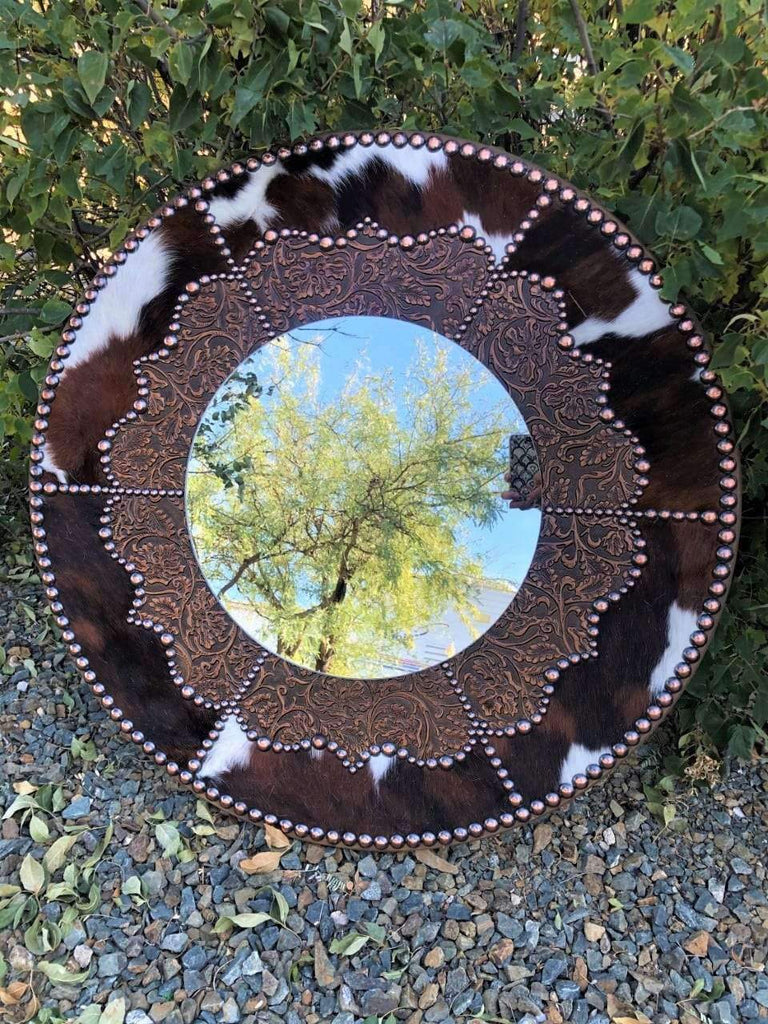 Tri color cowhide and floral embossed leather western wall clock. Made in the USA. Your Western Decor
