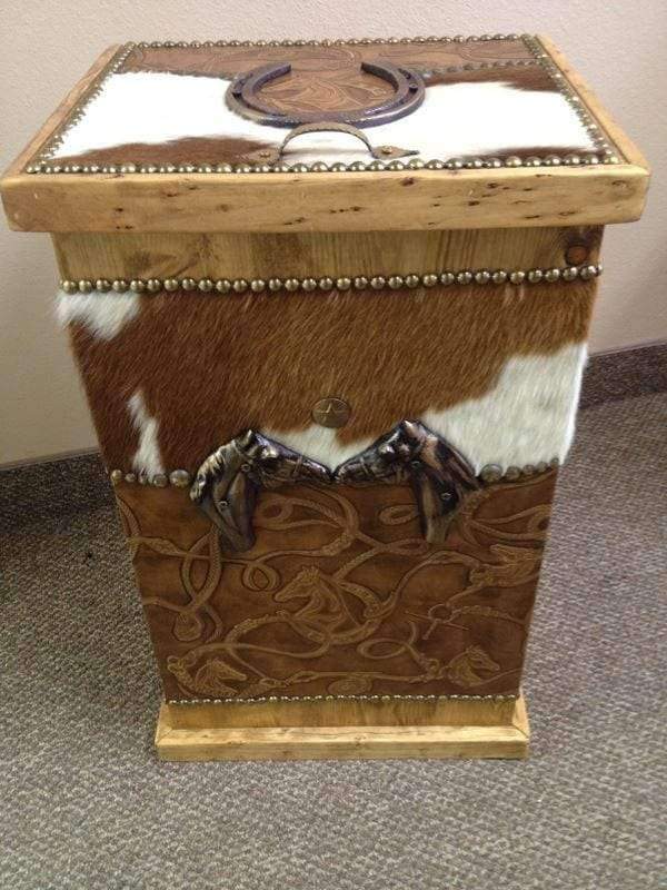 Leather and cowhide decorating storage bin, hamper. Made in the USA. Your Western Decor