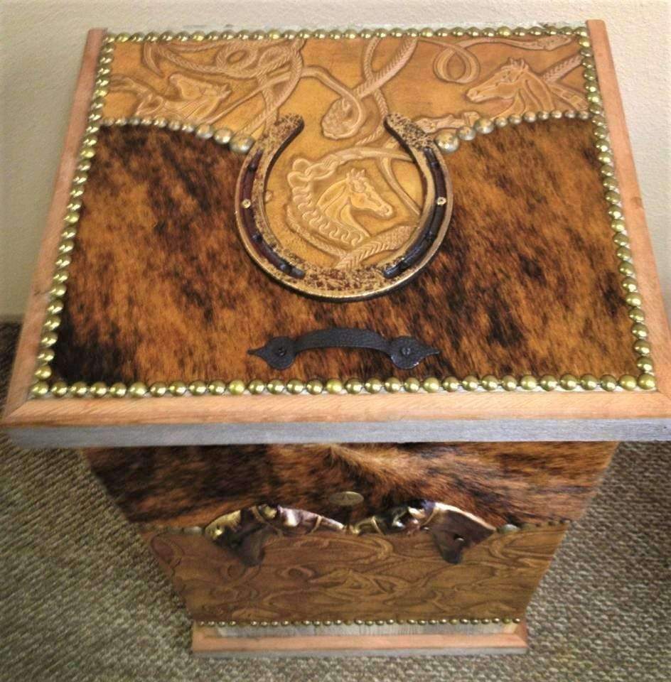 Cowhide and leather decorated hamper with horses, horse shoes and nail head tacking - Made in the USA - Your Western Decor