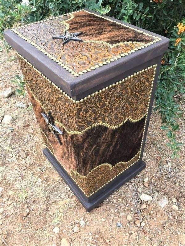 Cowhide and leather hamper. Made in the USA. Your Western Decor