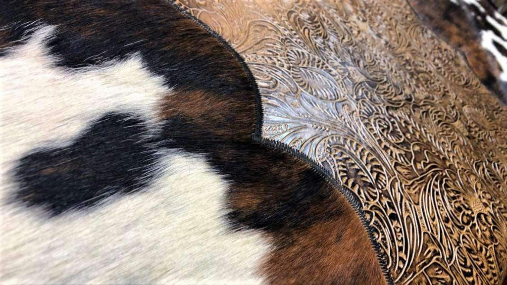 cowhide and leather western bench detail - Your Western Decor, LLC
