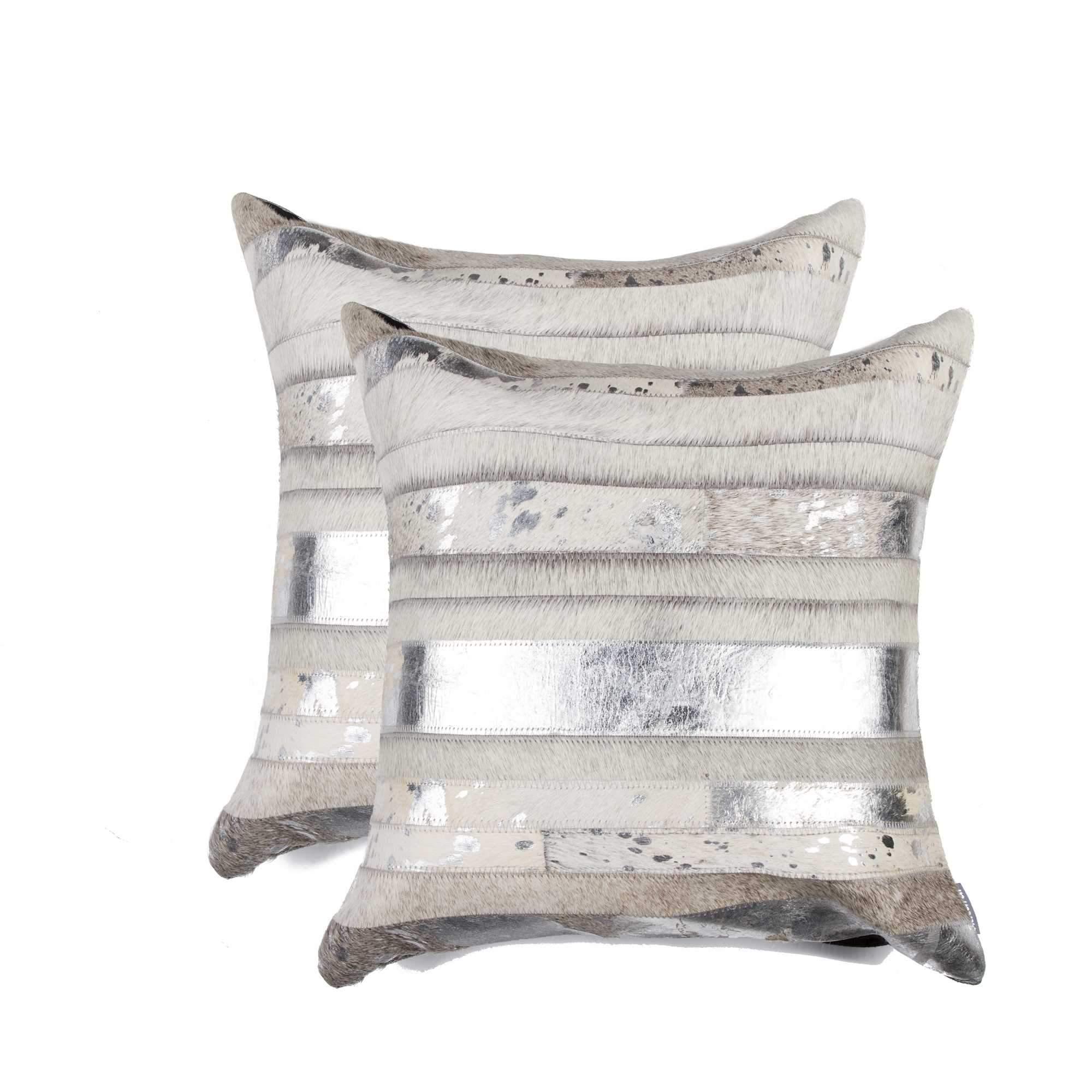 luxury cowhide pillow set in grey and white cowhide with silver metallic stips 