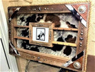 Custom made western buckle display case. Cowhide, leather and nail head accents. Made in the USA. Your Western Decor