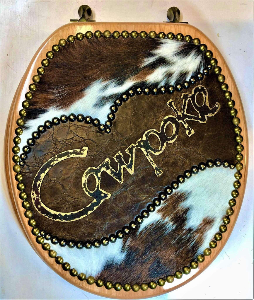 Cowpoke, cowhide & Leather toilet seat made in the USA - Your Western Decor