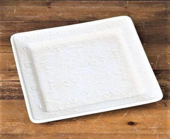 western floral embossed square serving plate in cream color ceramic