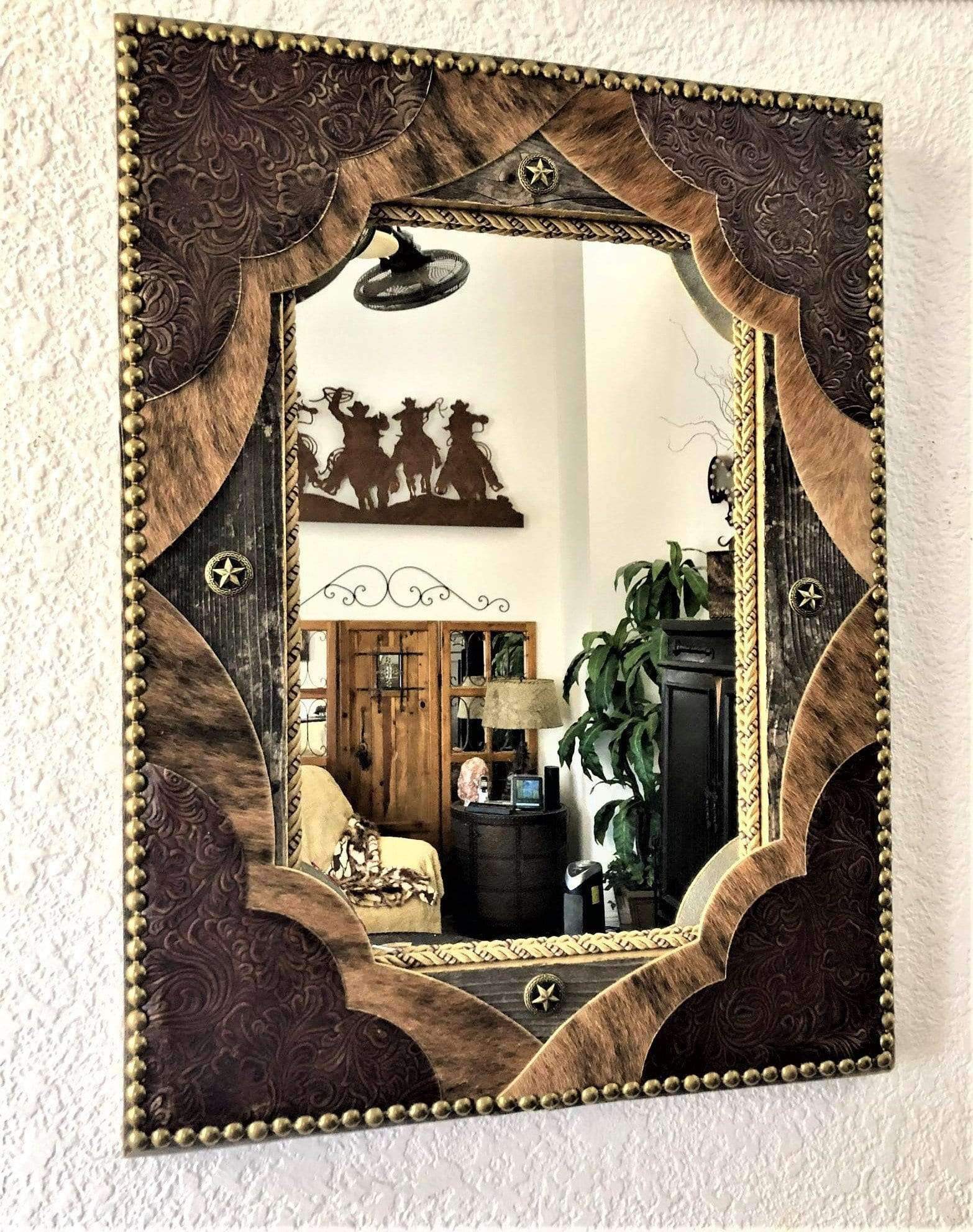 Art, Taxidermy, Saloon Mirror with Longhorns, Leather Tooling and Bras