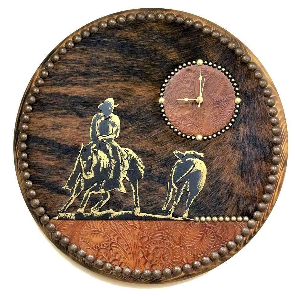 Western cowhide and leather cutting horse wall clock. Custom made in the USA. Your Western Decor
