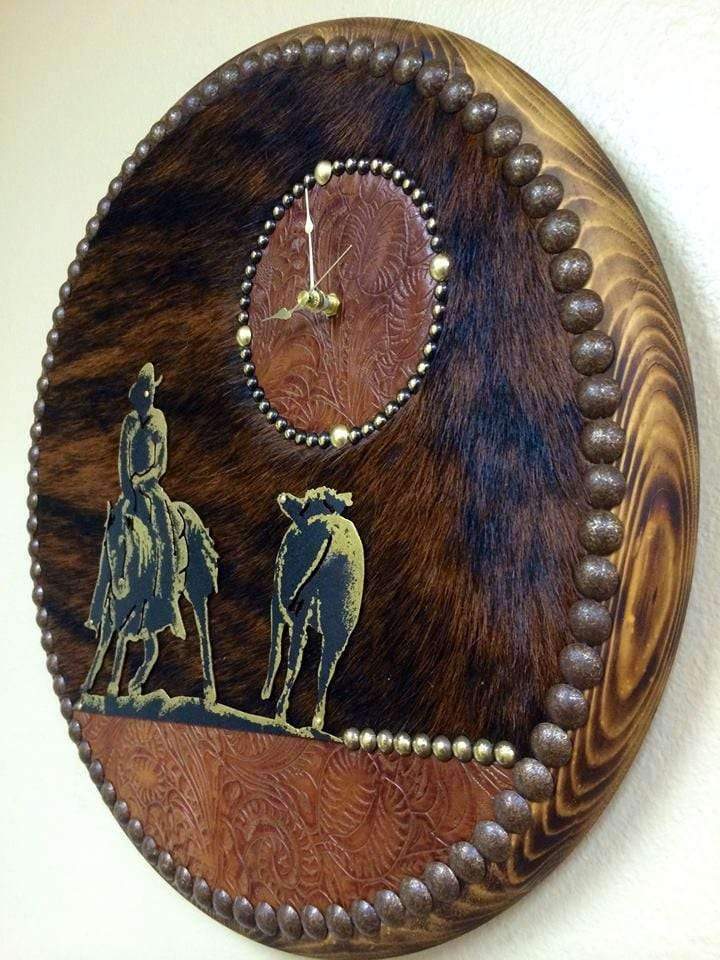 Custom Cutting Horse western clock with cowhide and leather - Your Western Decor
