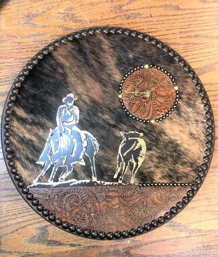 Brindle cowhide, tooled leather, nailheads and cutting horse clock Custom made to order in the USA - Your Western Decor