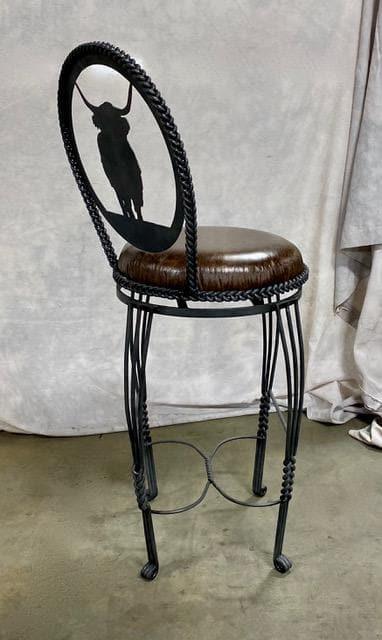 Side view of custom made iron frame swivel bar stool with Highlander cow cut-out on the back 