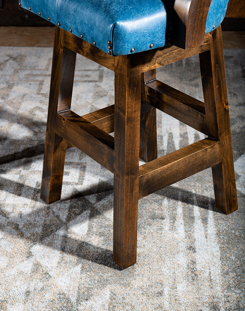 Blue leather handmade swivel counter chair Alder frame made in the USA - Your Western Decor