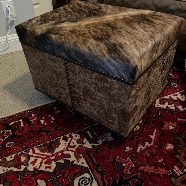 Brindle Cowhide & Leather Western Footstool - Made in the USA - Your Western Decor