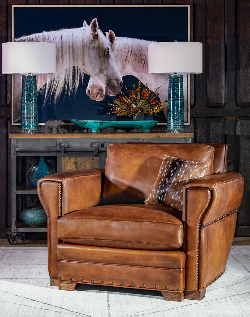 Stella Blue Glass Table Lamps and Duncan Leather Chair - Your Western Decor