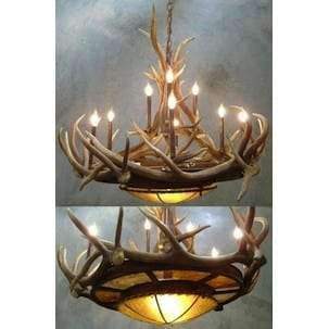 Elk antler, rawhide and mica iron chandelier made in the USA