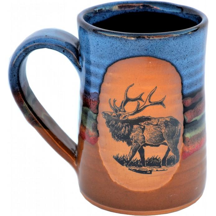 Handmade pottery beer tankard with elk image. Made in the USA. Your Western Decor