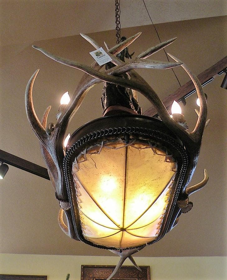 Rustic oval elk antler and rawhide chandelier made in the USA