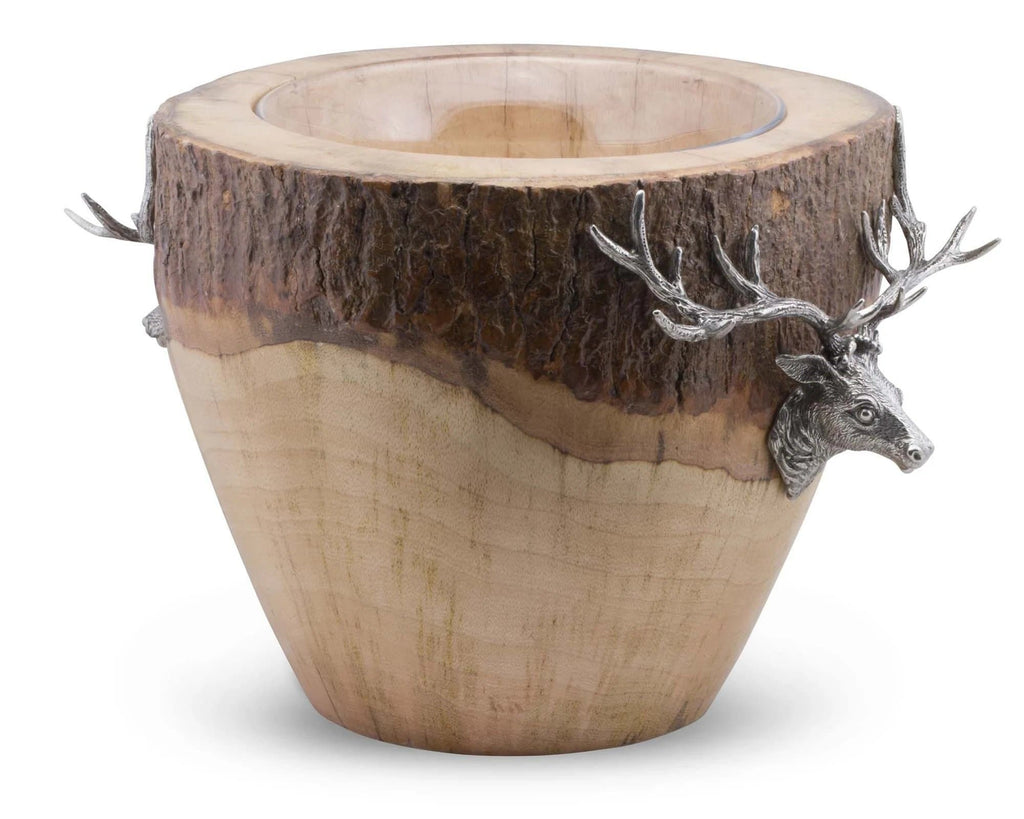 Pewter elk head handles on genuine log with bark ice bucket. Your Western Decor