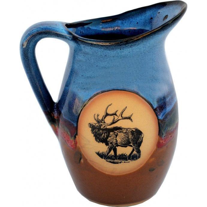 Elk Decor 2 Quart Stoneware Pitcher in blues and terra cotta with Elk in center 