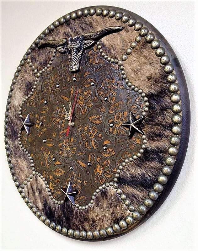 Brindle cowhide and leather western clock. Custom made in the USA. Your Western Decor