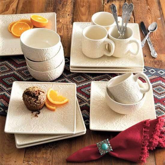 cream color, ceramic, western tooled pattern dishes