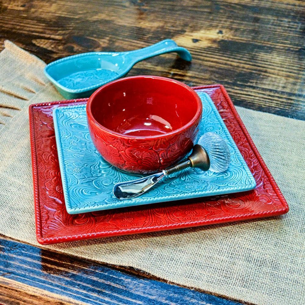 floral embossed dishes, red and turquoise