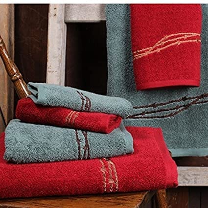 Barbed Wire Embroidered Bathroom Towels in Red or Turquoise - Your Western Decor