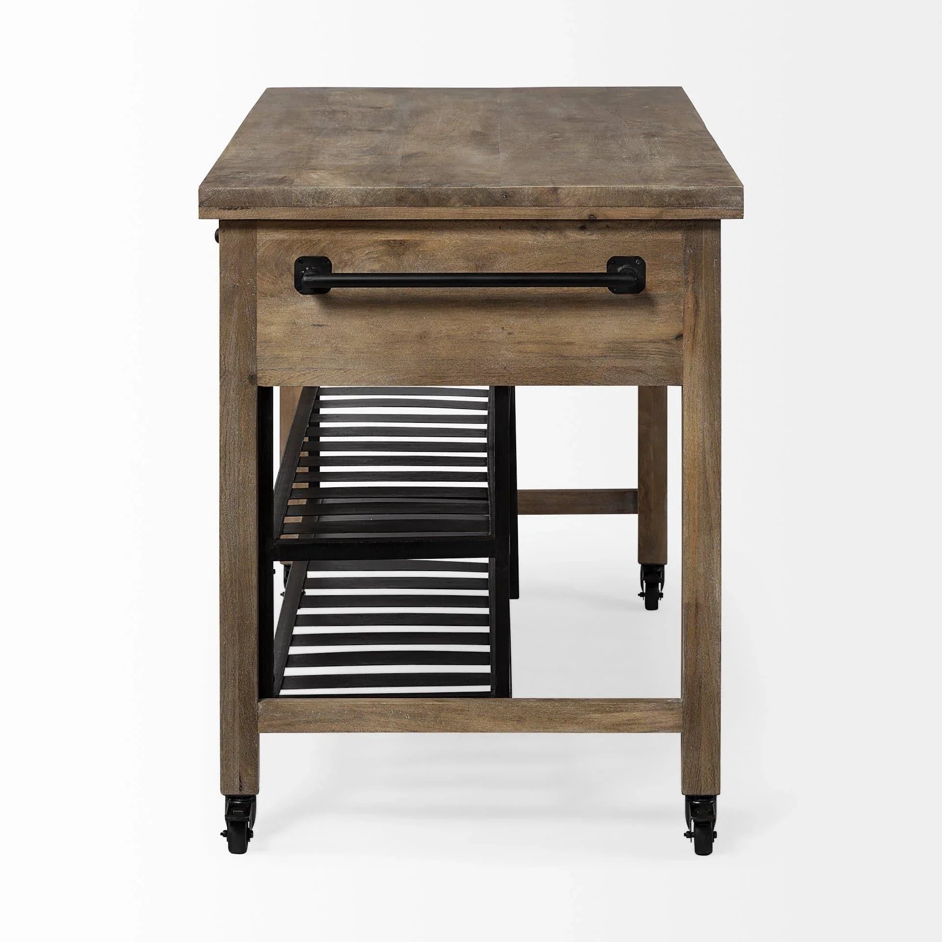 mango wood rolling kitchen island end view with towel bar